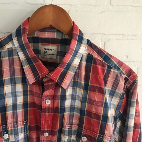 Old Navy Men’s Button down shirt Red Navy Plaid Skater men/unisex L - Picture 3 of 5